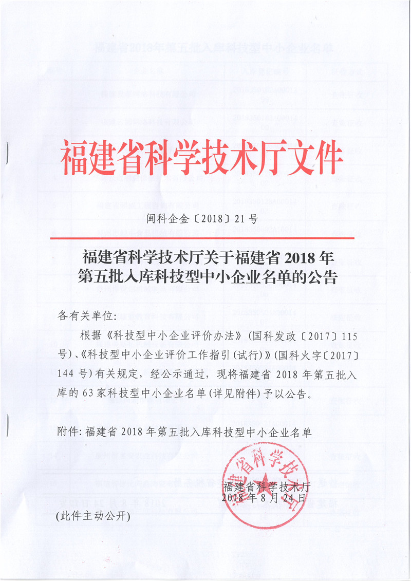 福建省科学技术厅关于福建省2018年第五批入库科技型中小企业名单的